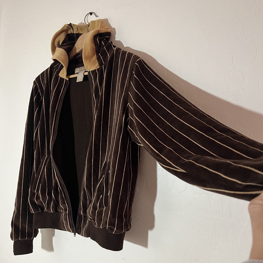 Stussy Velour Waffle Lined Zip Up Jacket Coat Stripe Y2K Zippered Hood Sz Large - Picture 5 of 16